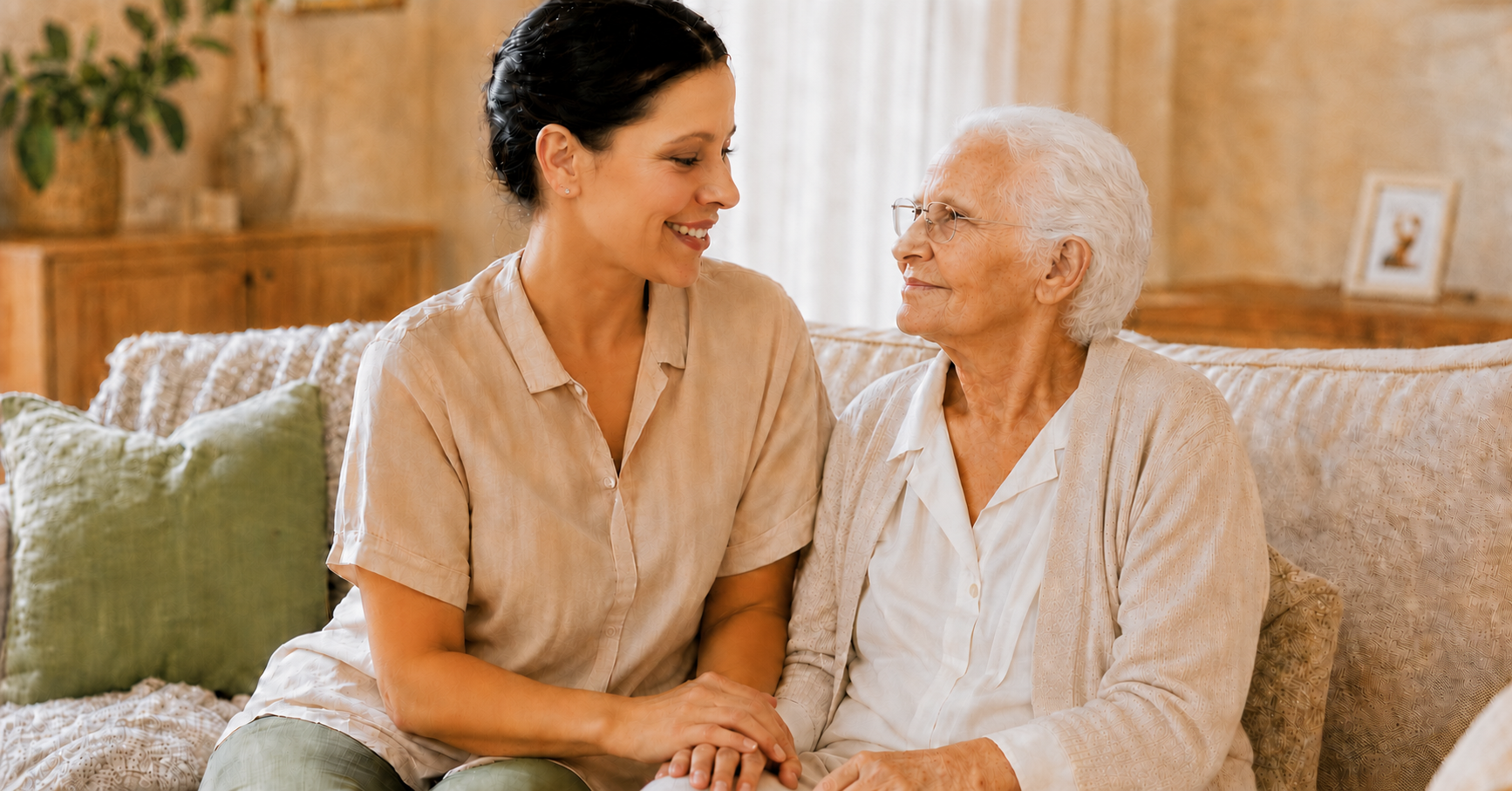 A companion and an older adult smiling together at home